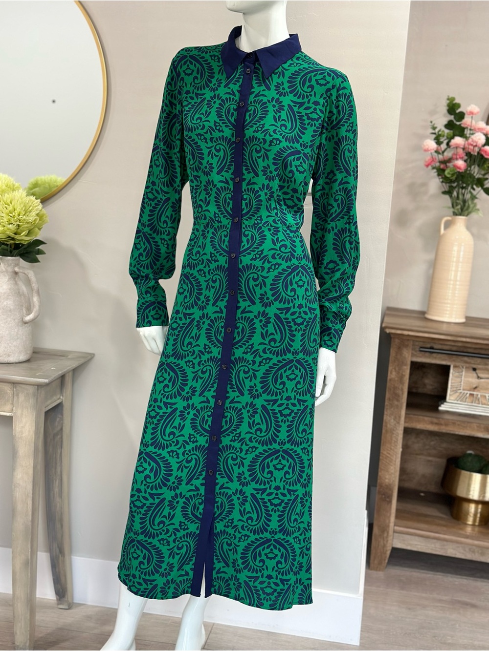Boden Green and Navy Button-Front Long Sleeve Midi Dress Sz 14L